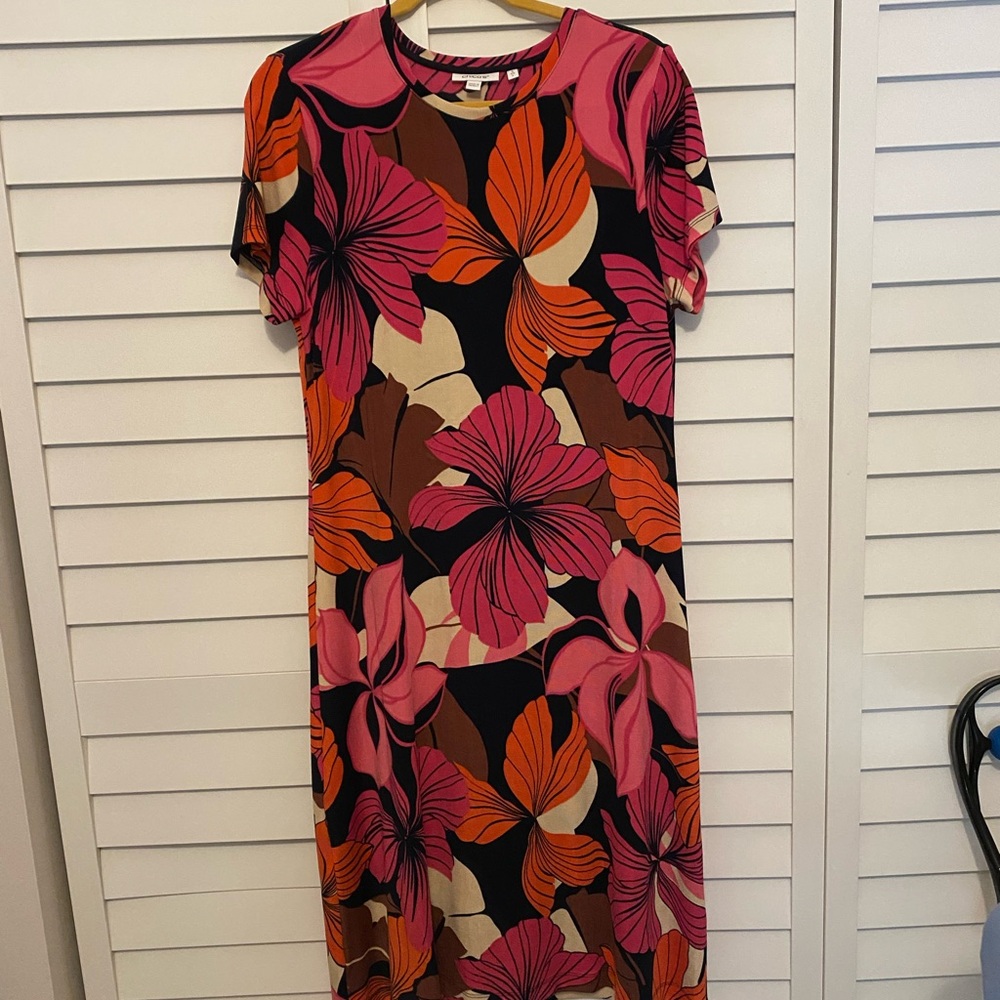 Chico's Red & Orange Short Sleeve Midi Dress